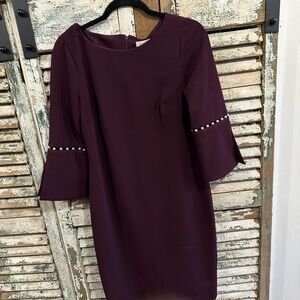 Calvin Klein Plum Long Sleeve Dress with Pearl Trim
